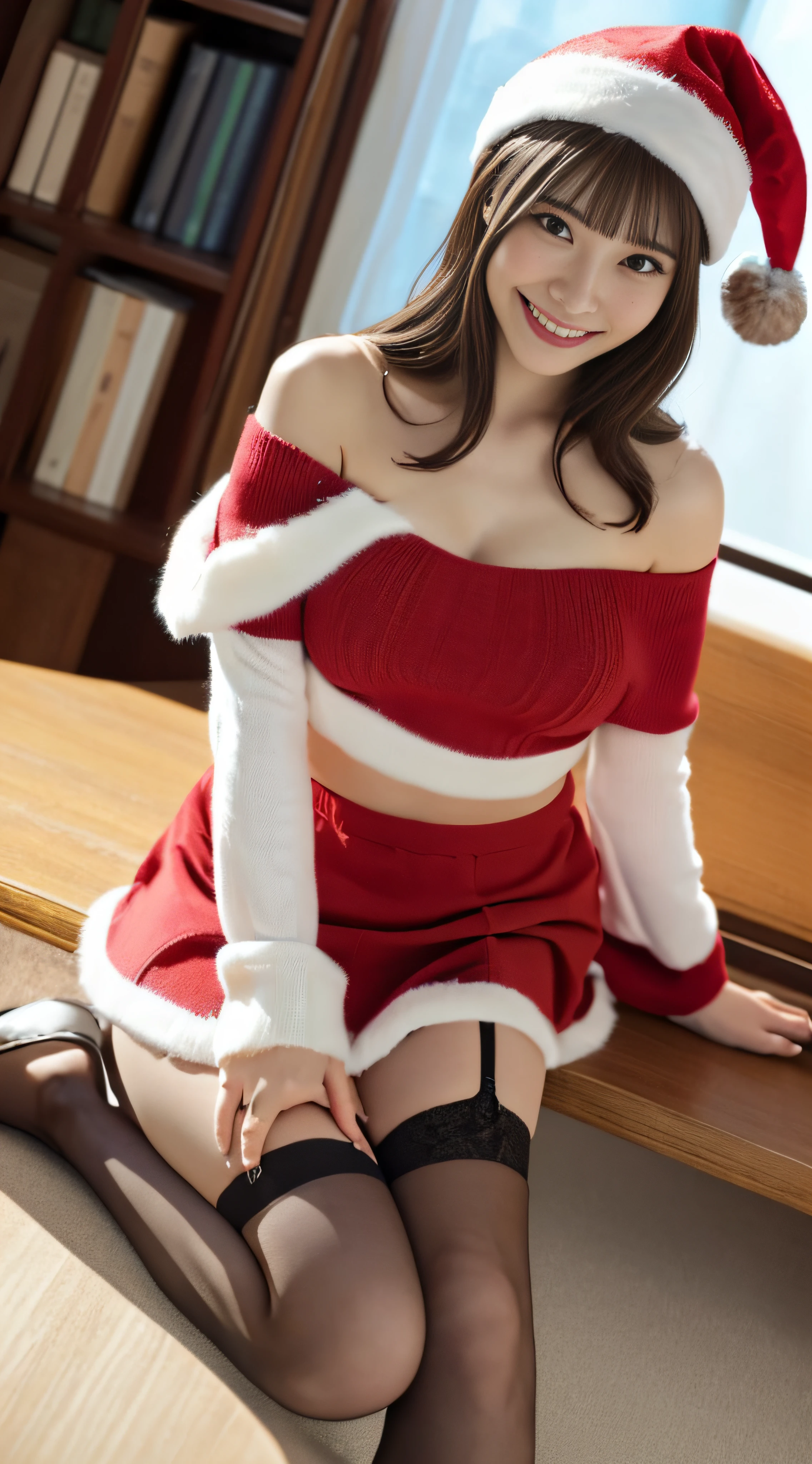 ((masutepiece, Best Quality, hight resolution, nffsw, Perfect Pixel, 4K, nffsw, nffsw))), 1girl in, Single, Solo, Beautie、full body seen、 ((Middle Wave Hair, Bangs, Brown hair)), ((Brown-eyed, Beautiful eyelashes, Realistic eyes)), ((Detailed face, Blushing:1.2)), ((Smooth texture:0.75, Realistic texture:0.65, Photorealistic:1.1, Anime CG style)), medium breasts, Dynamic Angle, Perfect body, ((Santa Claus Costume、Red knitted hat、Red off-the-shoulder sweater、red and white flared skirt、Black garter stockings、Transverse breasts、School classroom without people、Sit on a desk、Lower'I took my foot off the desk..........................、early evening、、((Angle from below))、Very embarrassing panic smile、(Lift the skirt with both hands、Open both legs、I can see my panties)、