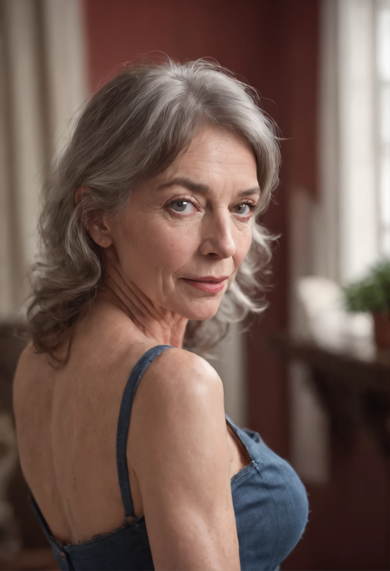 3/4 length waist-up photo of beautiful very anorexic skinny 65 year old, very short length flip-styled curly gray hair, blue eyes, detailed eyes, large fake breasts in a boustier and vest, realistic skin with pores and blemishes, pale skin, looking very confident and sexy, casual, distressed jeans, boots, wrinkled freckled huge sexy cleavage, signs of aging, she’s a Jane Birkin lookalike, in blurry loft apartment with red walls and very dramatic light