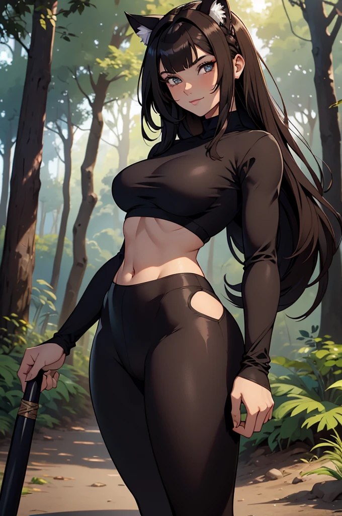 beautiful young warrior with cat ears on her head, com rosto bem detalhado e bonito, belos olhos, belos olhos, rosto lindo, beautiful young woman wearing long brown leggings with black details, sueter apertado branco com cinta preta, Standing in a forest, usando bota preta, cabelo comprido com franja preto, ,orelhas de gato, belo sorriso, tomboy, um pouco musculosa, sexy, olhar serio