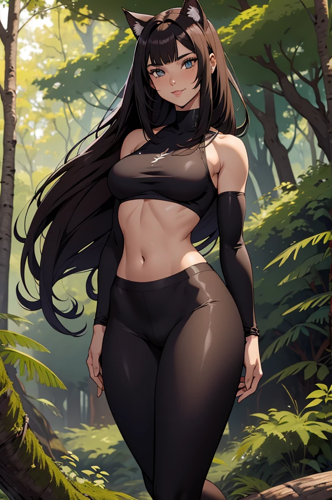 beautiful young warrior with cat ears on her head, com rosto bem detalhado e bonito, belos olhos, belos olhos, rosto lindo, beautiful young woman wearing long brown leggings with black details, sueter apertado branco com cinta preta, Standing in a forest, usando bota preta, cabelo comprido com franja preto, ,orelhas de gato, belo sorriso, tomboy, um pouco musculosa, sexy, olhar serio
