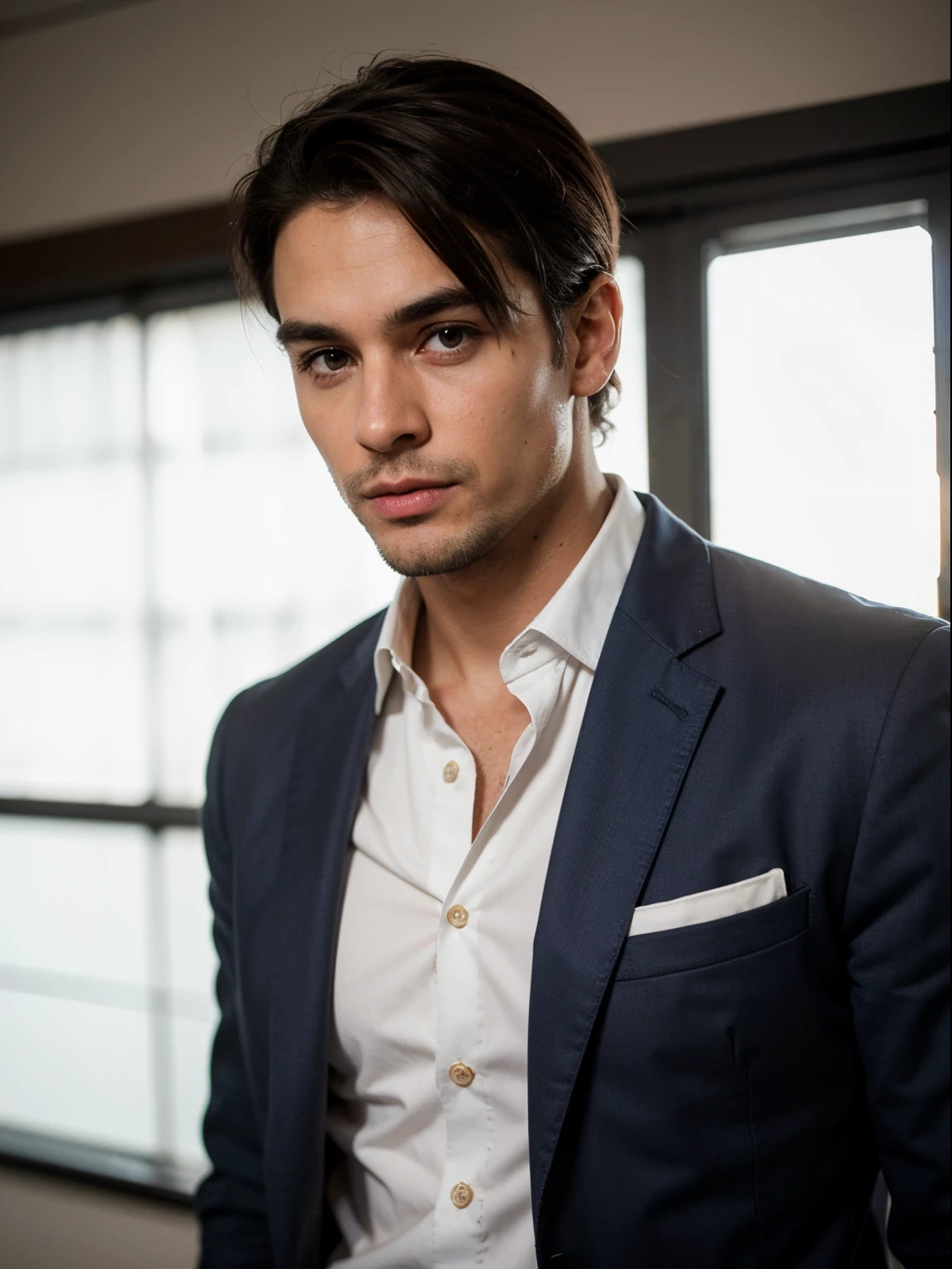 one male, 36 years old, in business suit, dark blue jacket, white shirt with unbuttoned collar, dark blue pants, brown leather belt, short black hair: :2, short business hairstyle: :2, brown eyes, thick black eyebrows, hooked nose, wide cheekbones, wide jaw, strong-willed chin, plump lips,: :2 Bokeh:: Cinematic::2 Filmic::2 Photoshoot::2 35mm:: Nikon D750::2 F/22, chroma, complementary colors, light, low contrast, two-dimensional, 2D::: 16k::2 HDR, happy:::strong::2, best quality, high resolution, masterpiece:1. 2, super detailed