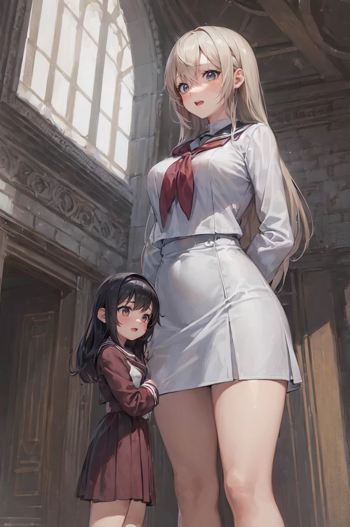 (2girls:1.5), (height_difference:1.5), (size_difference:1.1), (giantess:1.1), a giantess looking down at tiny woman, a giantess hugging a tiny woman, a tiny woman below the breasts of a giantess, serafuku, school hall, (adult woman: 1.1)