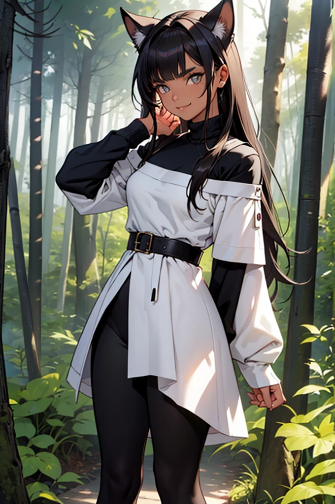 beautiful young warrior with cat ears on her head, com rosto bem detalhado e bonito, belos olhos, belos olhos, rosto lindo, beautiful young woman wearing long brown leggings with black details, sueter apertado branco, Standing in a forest, usando bota preta, cabelo comprido com franja preto, ,orelhas de gato, belo sorriso, tomboy, um pouco musculosa,suter branco com cinta em volta, olhar serio,usando brazer apertado preto