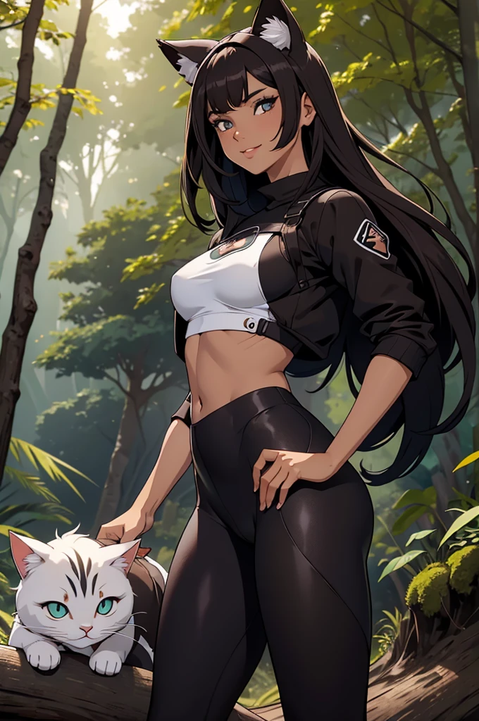 beautiful young warrior with cat ears on her head, com rosto bem detalhado e bonito, belos olhos, belos olhos, rosto lindo, beautiful young woman wearing long brown leggings with black details, sueter apertado branco, Standing in a forest, usando bota preta, cabelo comprido com franja preto, ,orelhas de gato, belo sorriso, tomboy, um pouco musculosa,suter branco com cinta em volta, olhar serio,usando brazer apertado preto