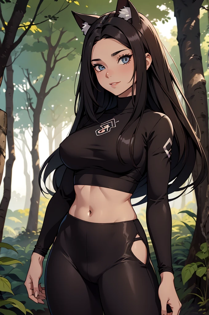 beautiful young warrior with cat ears on her head, com rosto bem detalhado e bonito, belos olhos, belos olhos, rosto lindo, beautiful young woman wearing long brown leggings with black details, sueter apertado branco, Standing in a forest, usando bota preta, cabelo comprido com franja preto, ,orelhas de gato, belo sorriso, tomboy, um pouco musculosa,suter branco com cinta em volta, olhar serio,usando brazer apertado preto