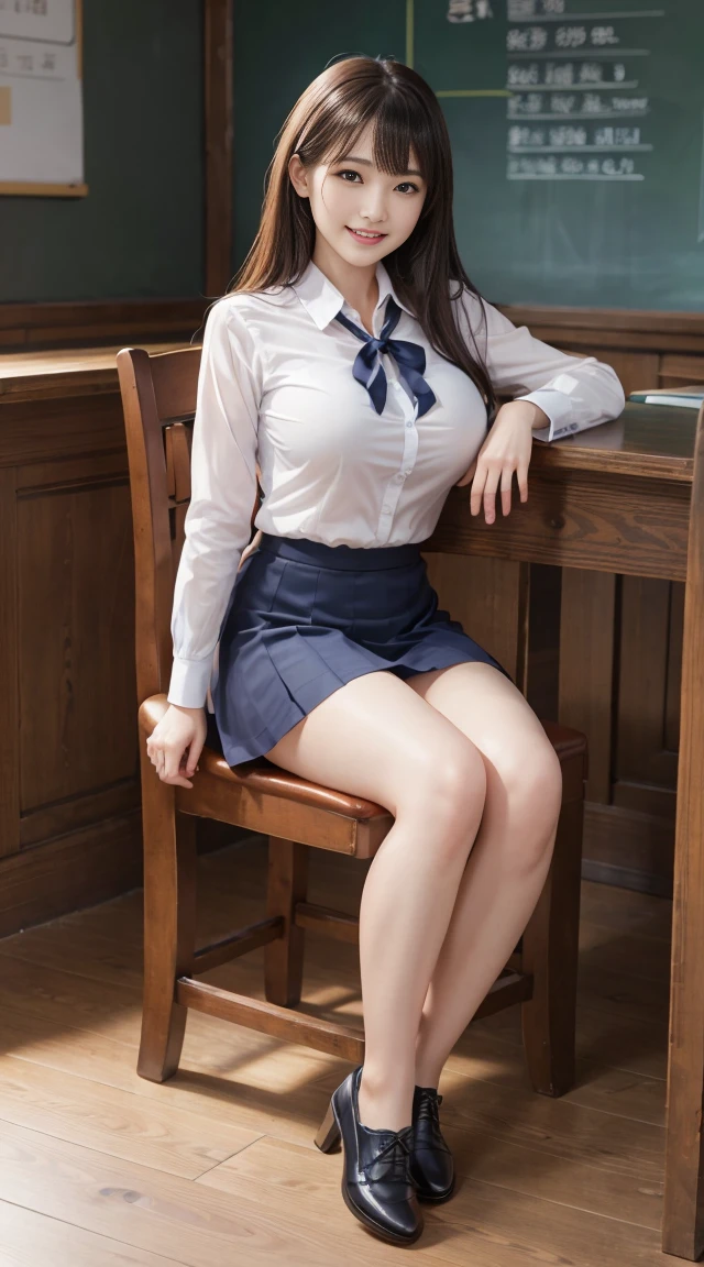 8K、Realistic、A detailed face、Detailed mouth、A detailed eye、wetted skin、sit a chair、large full breasts、A smile、shot from front、Dark blue skirt、Leather shoes、‎Classroom、Longhaire、fullllbody、thighs thighs thighs thighs、38 years