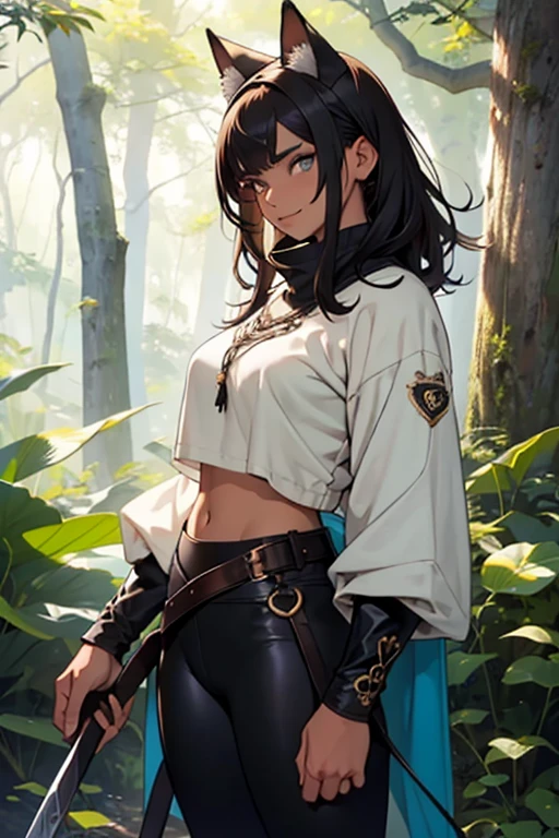 beautiful young female warrior fighter with cat ears on her head, com rosto bem detalhado e bonito, belos olhos, belos olhos, rosto lindo, beautiful young woman wearing long brown leggings with black details, sueter apertado branco, Standing in a forest, usando bota preta, cabelo comprido com franja preto, ,orelhas de gato, belo sorriso, tomboy, um pouco musculosa,suter branco com cinta em volta, olhar serio,usando brazer apertado preto, com ombreiras de prata nos ombros