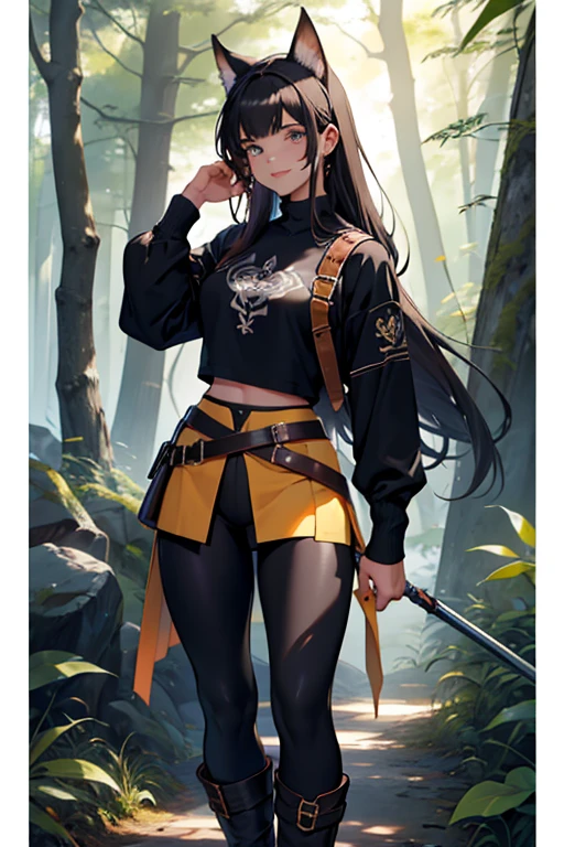 beautiful young female warrior fighter with cat ears on her head, com rosto bem detalhado e bonito, belos olhos, belos olhos, rosto lindo, beautiful young woman wearing long brown leggings with black details, sueter apertado branco, Standing in a forest, usando bota preta, cabelo comprido com franja preto, ,orelhas de gato, belo sorriso, tomboy, um pouco musculosa,suter branco com cinta em volta, olhar serio,usando brazer apertado preto, com ombreiras de prata nos ombros