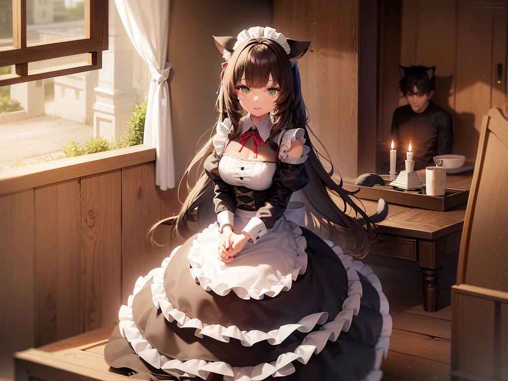 night time. Girl with green eyes and long brown hair. Two short curls lie on her shoulders in front. The main part of the hair is loose and visible from behind. The cat's tail is visible from behind. dressed in a maid's uniform, and wears cat ears as a headdress. Sitting on a chair in the kitchen at the table. There is a cake with candles on the table. Two people stand behind and hold gifts in their hands..