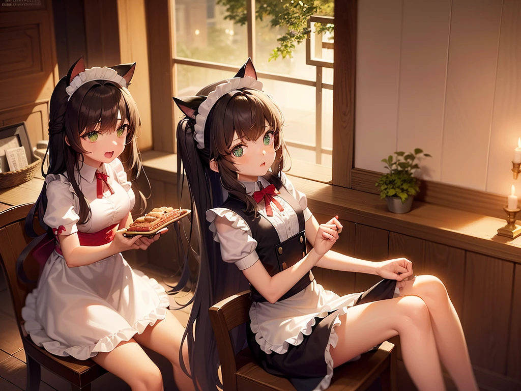 night time. Girl with green eyes and long brown hair. Two short curls lie on her shoulders in front. The main part of the hair is loose and visible from behind. The cat's tail is visible from behind. dressed in a maid's uniform, and wears cat ears as a headdress. Sitting on a chair in the kitchen at the table. There is a cake with candles on the table. Two people stand behind and hold gifts in their hands..