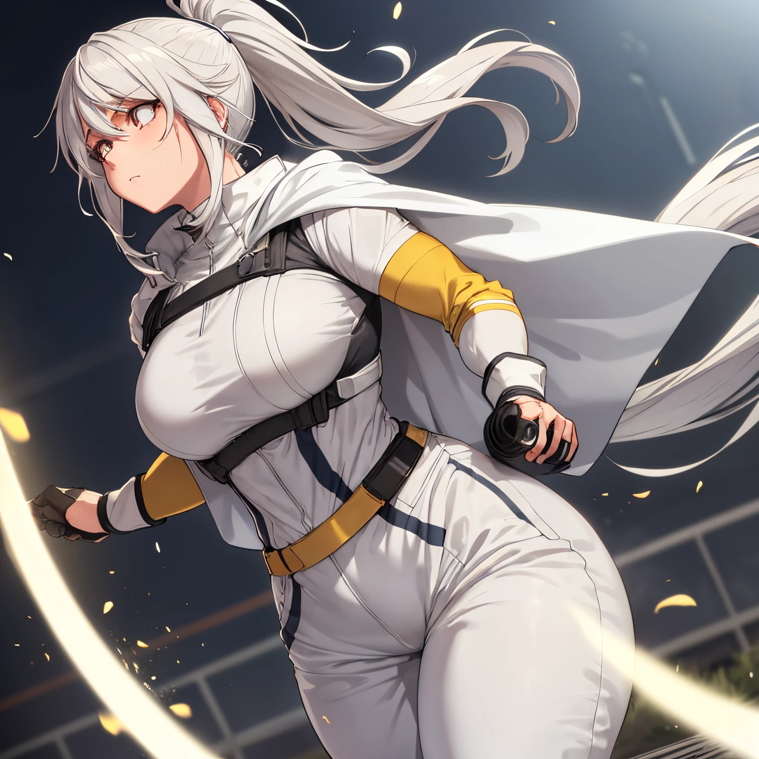 {My Hero Academia style}, sports field setting, {single (18 year old) (female) with (white hair in a scruffy long ponytail) and (golden glowing eyes) and (a curvy body) with a (shy disposition) and wearing (a white and light gray jumpsuit with a cape.) focus frame on upper body and face