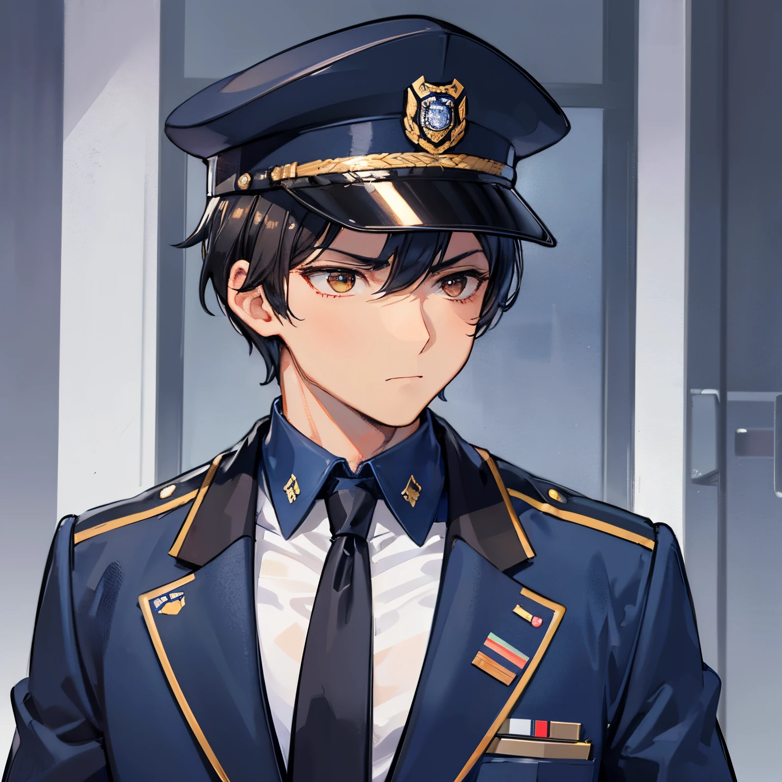 a young male adult, american police officer, navy blue uniform, officer cap, black necktie, radio on chest, black hair, brown eyes, tan skin tone, serious expression, tired, profile picture, sunny city background, shoulders to head picture, face close-up