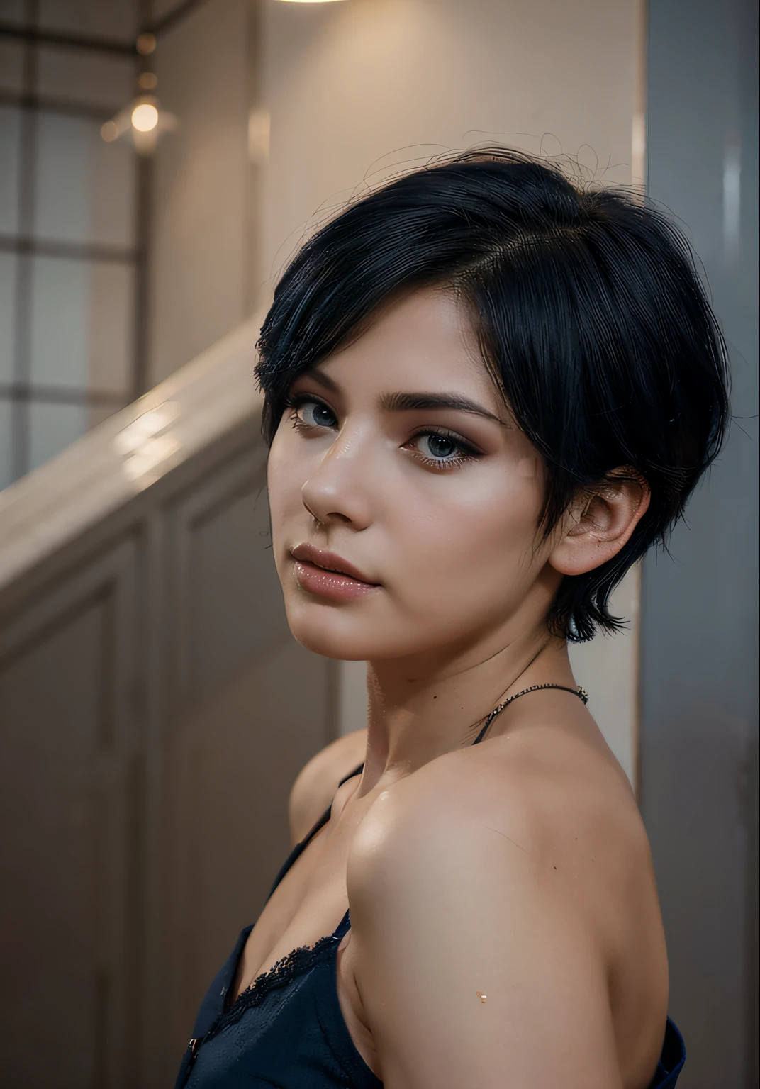 Wearing eyeshadow, show front of her, arms up above her head stretching her back while puffing out chest. Translucent top