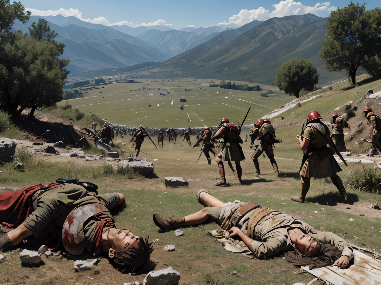Picture of battlefield, Battle of Thermopylae,after a battle, full of corpse, dead bodies, blood everyvhere