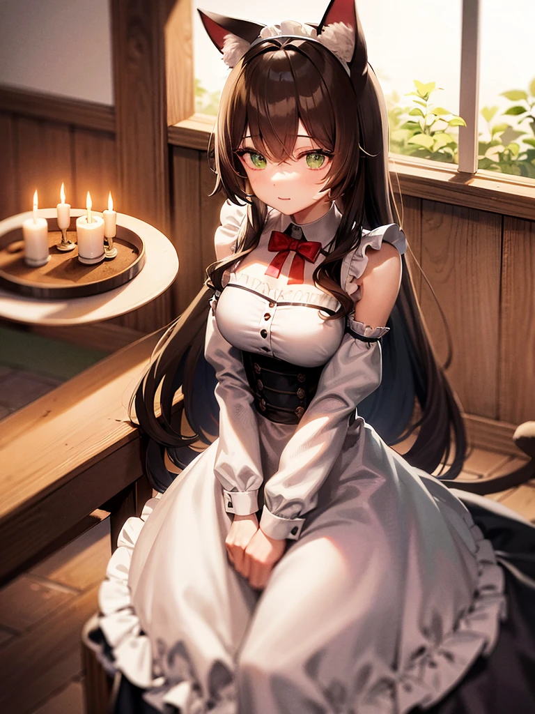 night time. Girl with green eyes and long brown hair. Two short curls lie on her shoulders in front. The main part of the hair is loose and visible from behind. The cat&#39;s tail is visible from behind. dressed in a maid's uniform, and wears cat ears as a headdress. Sitting on a chair in the kitchen at the table. There is a cake with candles on the table. Two people stand behind and hold gifts in their hands..