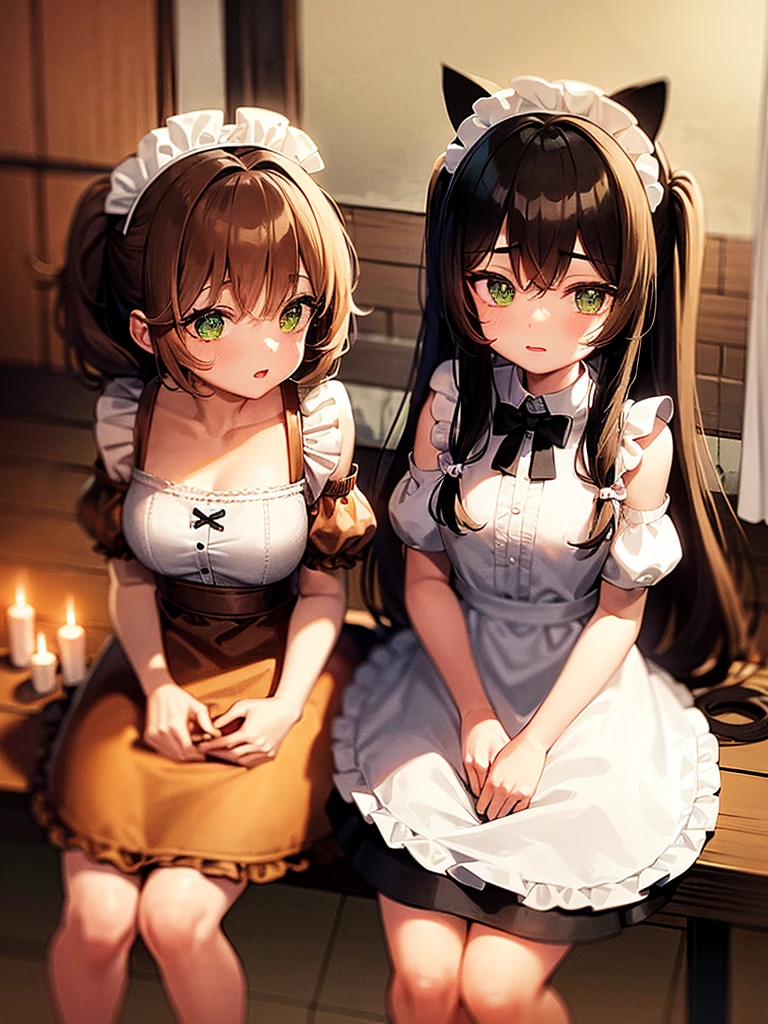night time. Girl with green eyes and long brown hair. Two short curls lie on her shoulders in front. The main part of the hair is loose and visible from behind. The cat's tail is visible from behind. dressed in a maid's uniform, and wears cat ears as a headdress. Sitting on a chair in the kitchen at the table. There is a cake with candles on the table. Two people stand behind and hold gifts in their hands..