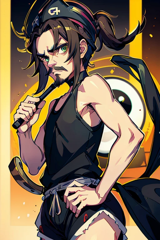 thin man with a black wool cap and gaming headphones with a mustache and goatee with green eyes with a Colorado chapolin style rubber hammer in his hand with a scared face