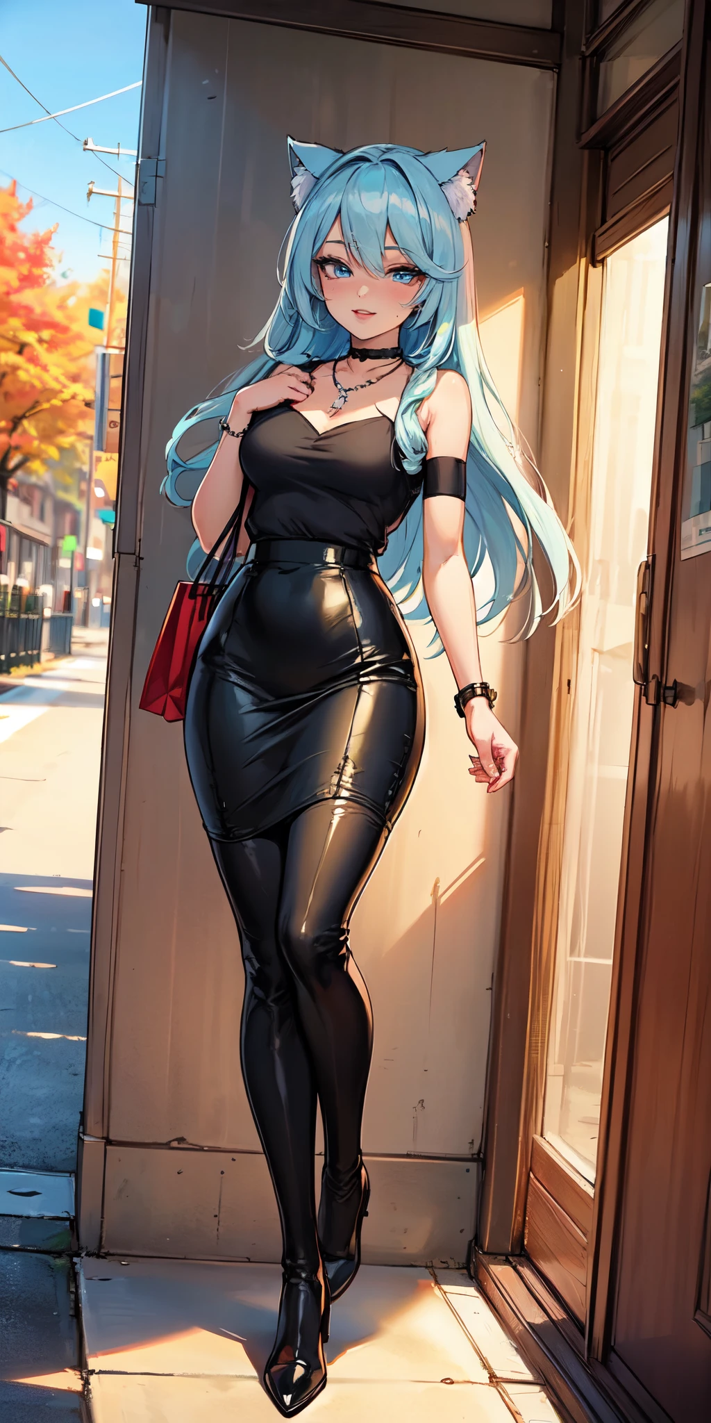 Masterpiece, beautiful art, 8k, art style by sciamano240, very detailed face, detailed hair, detailed clothes, detailed fabric, 1girl, beautiful face, long hair, light blue hair , model head shot, facing camera, very detailed blue cat eyes, sultry smile, wearing cute fall clothes, black dior thigh boots, black pencil skirt, walking , out shopping, necklace, chocker, rosey cheeks, sunny fall setting, full body view,