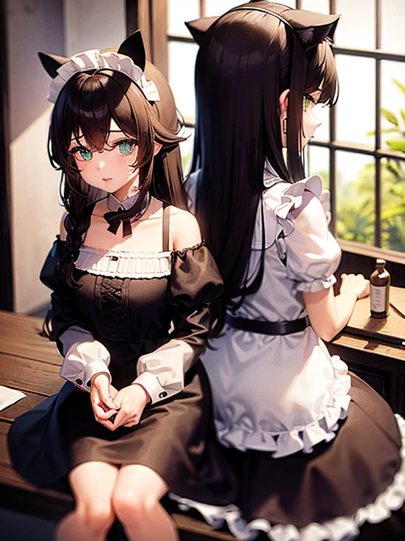 One person, Black Hair,, Maid Dress、White Knee Socks、Ice Blue Eyes、Rosary Necklace、Round Glasses、Braided Pigtails、High resolution, Highest quality, Very detailed, 