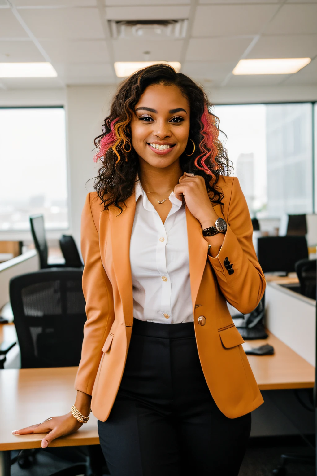 A confident black businesswoman in her modern office shows her natural beauty in loose clothing, curly hair, adicionando um toque de autenticidade ao seu comportamento profissional. Contudo, The focal point of your ensemble is the center of attention - a vibrant and powerful burnt orange blazer that draws attention and emphasizes your strong, dynamic presence.
O ousado blazer laranja, a standout piece, complementa seu estilo com um toque de cor, tornando-o um elemento definidor de seu traje profissional. Accurately captured using a DSLR and an 80mm Sigma f2 lens, a fotografia destaca habilmente os detalhes de seu rosto expressivo, Pele radiante, e a textura dela solta, curly hair. A profundidade de campo aumenta o foco nela, com luz natural iluminando a cena, enfatizando a prioridade dada ao marcante tom laranja do blazer.
Confidently positioned with hands on table, ela exala uma atitude equilibrada e determinada, incorporando o sucesso no mundo profissional. The image masterfully captures the elegance, autenticidade, and empowerment of black businesswomen, with the bold statement of the vibrant orange blazer taking precedence in her sleek, modern workspace.