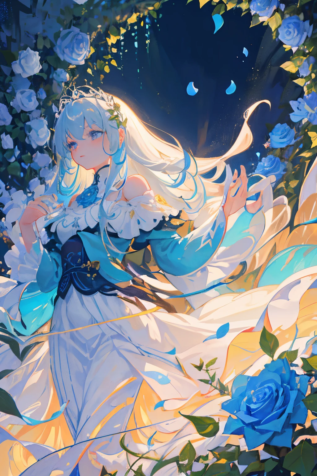 A sea of blue roses emerges in a vivid and enchanting garden, bathed in the soft glow of the setting sun. The roses glisten with delicate dewdrops, their vibrant blue petals beautifully contrasting against the lush green foliage. The mesmerizing scene is further enhanced by the gentle breeze, causing the roses to sway gracefully, as if dancing to nature's rhythm. The garden is alive with the vibrant colors and sweet fragrance of these unique and rare flowers. Each rose is exquisitely detailed, with intricate patterns and velvety textures that invite closer inspection. The petals are soft and velvety, and their edges are adorned with delicate, silver-white filaments that gleam in the sunlight. The air is filled with the intoxicating aroma of these exquisite blooms, creating an atmosphere of tranquility and serenity. The blue hues of the roses create a dreamlike ambiance, like a portal to a world of fantasy and wonder. The scene is captured with the utmost attention to detail and realism, ensuring the best quality and ultra-detailed rendering of the roses and the surrounding garden. The lighting is expertly crafted, with soft, warm tones cascading gently over the petals, evoking a sense of warmth and tranquility. The overall color palette is dominated by shades of blue and green, creating a harmonious and ethereal atmosphere. This masterpiece of art seamlessly blends the natural beauty of the roses with a touch of magical realism, transporting viewers to a realm where dreams come to life.