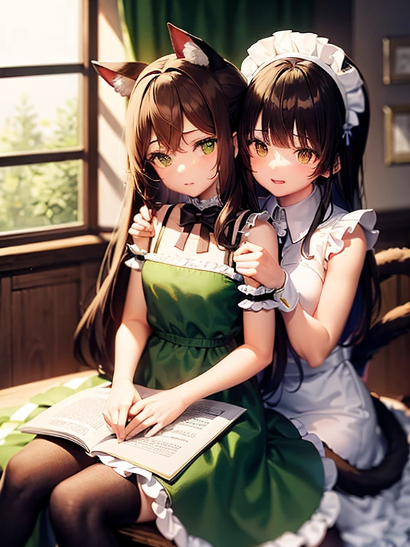 night time. Girl with green eyes and long brown hair. Two short curls lie on her shoulders in front. The main part of the hair is loose and visible from behind. The cat's tail is visible from behind. dressed in a maid's uniform, and wears cat ears as a headdress. Sitting on a chair in the kitchen at the table. There is a cake with candles on the table. Two people stand behind and hold gifts in their hands..