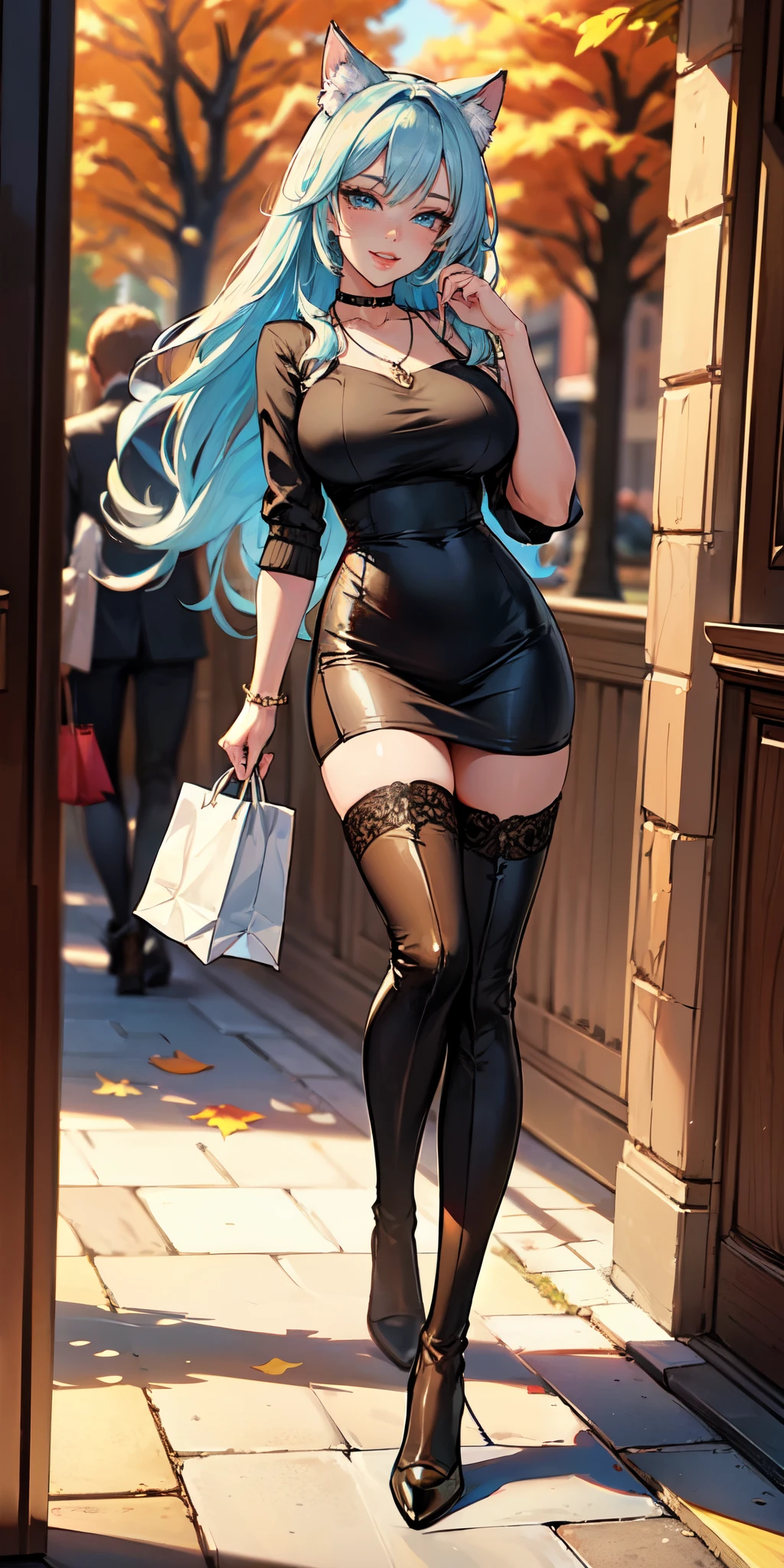 Masterpiece, beautiful art, 8k, art style by sciamano240, very detailed face, detailed hair, detailed clothes, detailed fabric, 1girl, beautiful face, long hair, light blue hair , model head shot, facing camera, very detailed blue cat eyes, sultry smile, wearing classy fall clothes, black dior thigh boots, black pencil skirt, walking , out shopping, necklace, chocker, rosey cheeks, sunny fall setting, full body view,