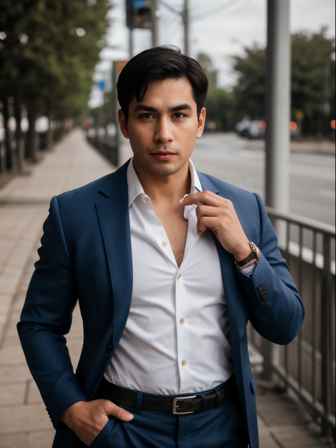 one man, 36 years old, in business suit, dark blue jacket, white shirt with unbuttoned collar, dark blue pants, brown leather belt, short black hair: :2, short business hairstyle: :2, brown eyes, thick black eyebrows, hooked nose, wide cheekbones, wide jaw, strong-willed chin, plump lips,: :2 Bokeh:: Cinematic::2 Filmic::2 Photoshoot::2 35mm:: Nikon D750::2 F/22, chroma, complementary colors, light, low contrast, two-dimensional, 2D::: 16k::2 HDR, happy:::strong::2, best quality, high resolution, masterpiece:1. 2, super detailed