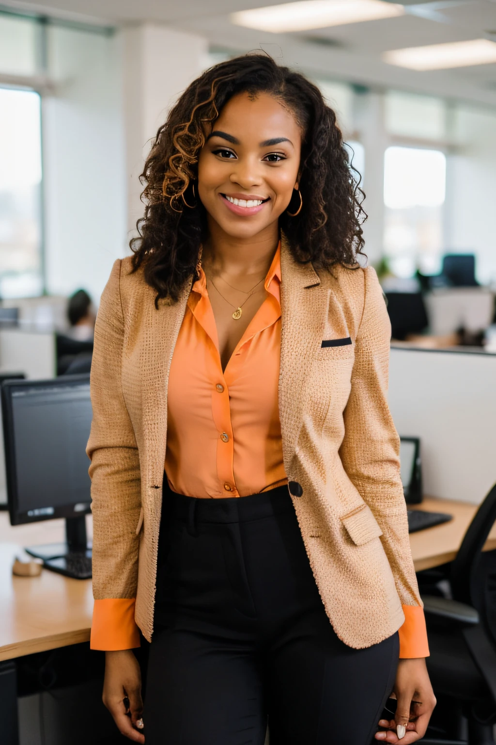 A confident black businesswoman in her modern office shows her natural beauty in loose clothing, curly hair, adicionando um toque de autenticidade ao seu comportamento profissional. Contudo, The focal point of your ensemble is the center of attention - a vibrant and powerful burnt orange blazer that draws attention and emphasizes your strong, dynamic presence.
O ousado blazer laranja, a standout piece, complementa seu estilo com um toque de cor, tornando-o um elemento definidor de seu traje profissional. Accurately captured using a DSLR and an 80mm Sigma f2 lens, a fotografia destaca habilmente os detalhes de seu rosto expressivo, Pele radiante, e a textura dela solta, curly hair. A profundidade de campo aumenta o foco nela, com luz natural iluminando a cena, enfatizando a prioridade dada ao marcante tom laranja do blazer.
Confidently positioned with hands on table, ela exala uma atitude equilibrada e determinada, incorporando o sucesso no mundo profissional. The image masterfully captures the elegance, autenticidade, and empowerment of black businesswomen, with the bold statement of the vibrant orange blazer taking precedence in her sleek, modern workspace.
