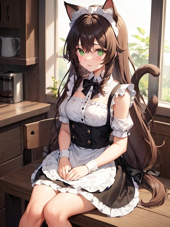 night time. Girl with green eyes and long brown hair. Two short curls lie on her shoulders in front. The main part of the hair is loose and visible from behind. The cat's tail is visible from behind. dressed in a maid's uniform, and wears cat ears as a headdress. Sitting on a chair in the kitchen at the table. There is a cake and gifts on the table