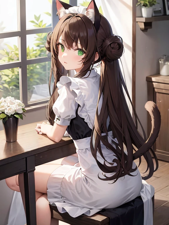 night time. Girl with green eyes and long brown hair. Two short curls lie on her shoulders in front. The main part of the hair is loose and visible from behind. The cat's tail is visible from behind. dressed in a maid's uniform, and wears cat ears as a headdress. Sitting on a chair in the kitchen at the table. There is a cake and gifts on the table