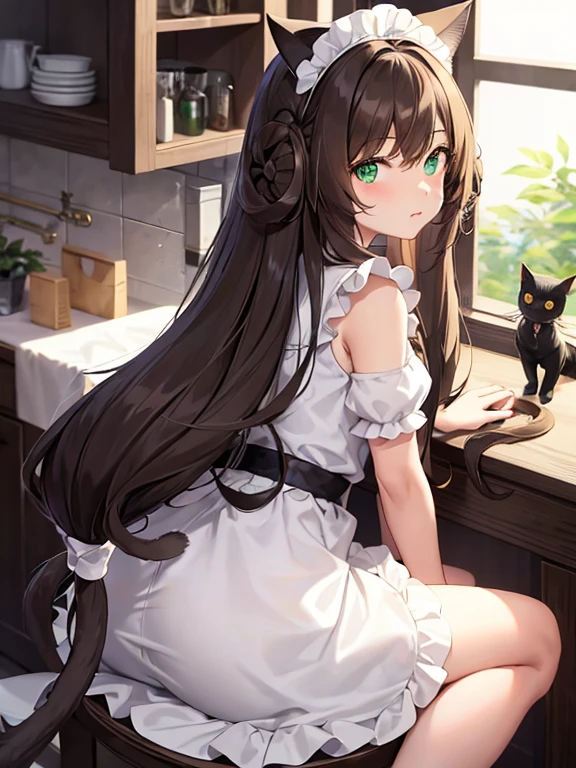 night time. Girl with green eyes and long brown hair. Two short curls lie on her shoulders in front. The main part of the hair is loose and visible from behind. The cat&#39;s tail is visible from behind. dressed in a maid's uniform, and wears cat ears as a headdress. Sitting on a chair in the kitchen at the table. There is a cake and gifts on the table