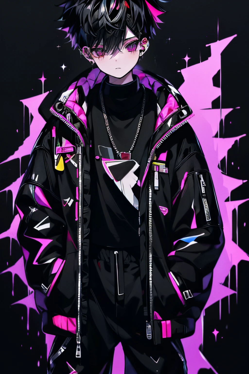 Boy, black hair, plush on clothes, black pant, pale skinned, jogger pants, jaqueta branca, jaqueta aberta pinturas coloridas, hand paintings on jacket, hands in a pocket, cabelo undercut, camiseta roxa, fones de ouvido, position: frente, costas, rosto