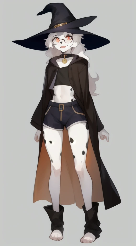 (1 boy:1.2),  The body is like a girl's, Dalmatians ,femboi, eye liner, lips,  Shorts, huge coat with collar,  Wide-brimmed witch hat, Author: Bebebebebe, A fluffy, lock, Black lip gloss, thick wavy hair, small waist, wide hips,  Slim, the perfect body, DND Style, Burning eyes, baggy shirt, eyeglasses