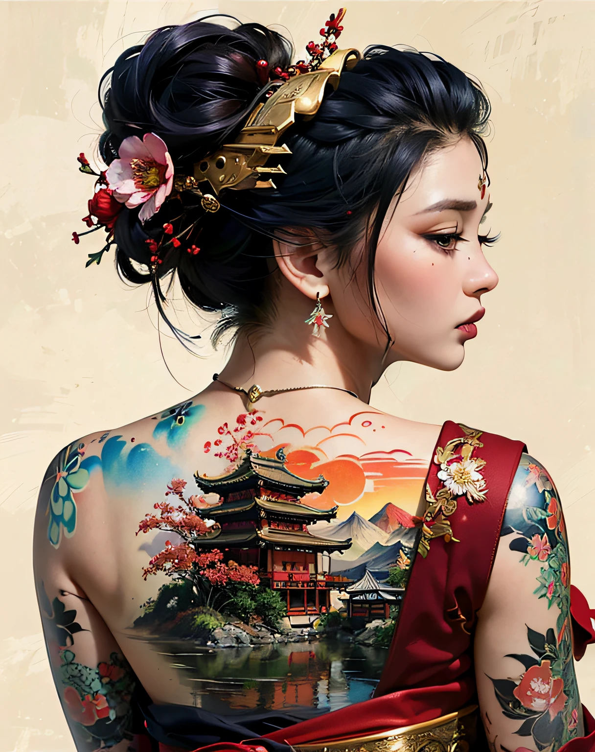 (masterpiece, best quality, 8k, HDR), RGB, oil paints, watercolor, ink, A double exposure of a Geisha, full body, rear view, back tattoo, intricately adorned with blooming flowers arranged in her flowing hair, superimposed with a distinct painting set in her silhouette, presents an array of historical Japanese architectural landscapes, an artistic collage of timeless beauty juxtaposed with modern elegance, imitation of the autumn empress,