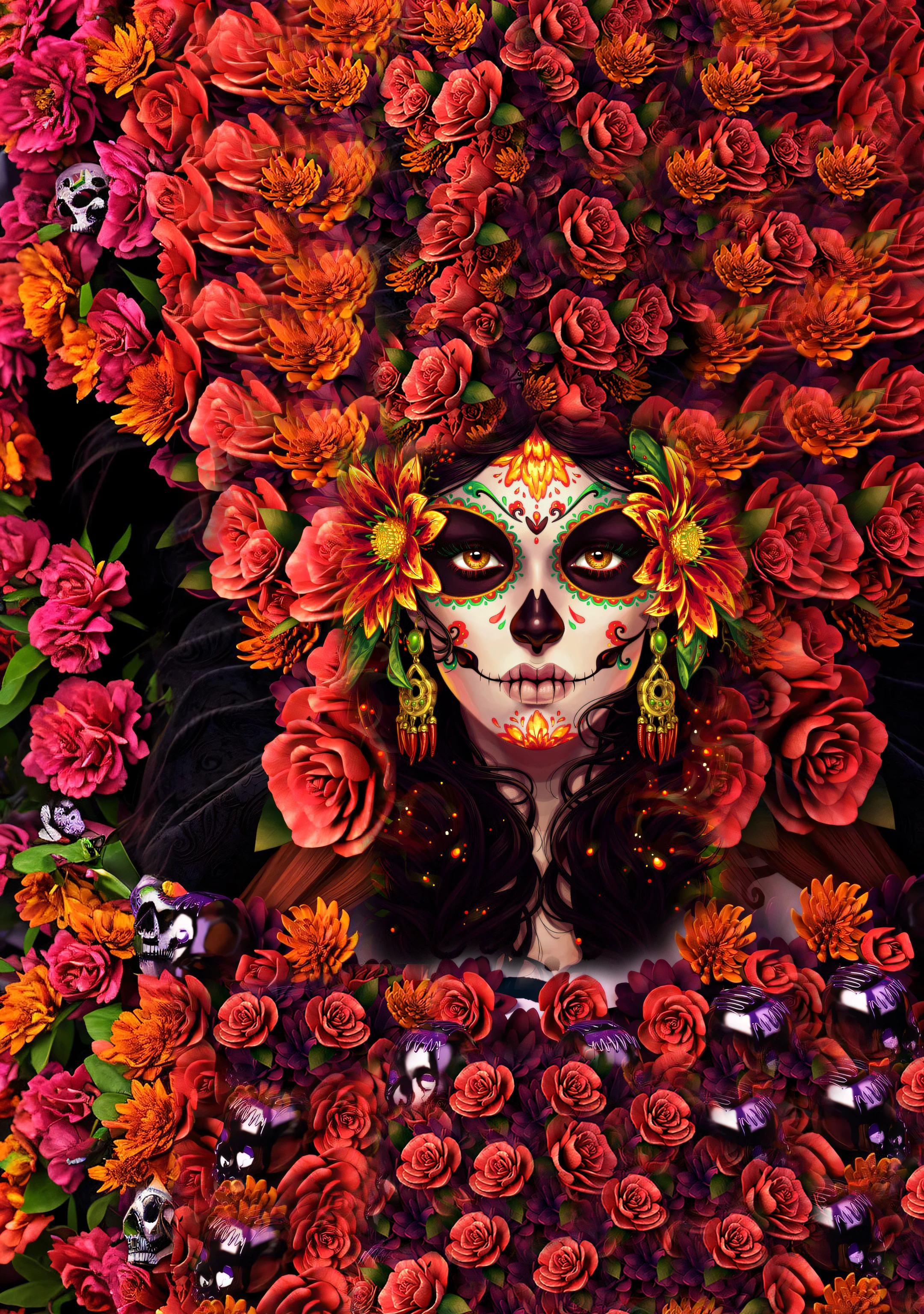 there is a woman with a flowery headdress and many flowers, Dia de Finados:. 8 mil, Dia de Finados:, Dia de Finados:, Celebrando o Dia dos Mortos, close-up portrait goddess skull, A Catrina, ( Dia de Finados: ), (Dia de Finados:), portrait of a sugar skull
