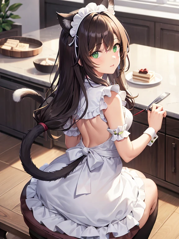 night time. Girl with green eyes and long brown hair. Two short curls lie on her shoulders in front. The main part of the hair is loose and visible from behind. The cat's tail is visible from behind. dressed in a maid's uniform, and wears cat ears as a headdress. Sitting on a chair in the kitchen at the table. There are cake and gifts on the table