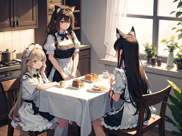 night time. Girl with green eyes and long brown hair. Two short curls lie on her shoulders in front. The main part of the hair is loose and visible from behind. The cat's tail is visible from behind. dressed in a maid's uniform, and wears cat ears as a headdress. Sitting on a chair in the kitchen at the table. There are cake and gifts on the table