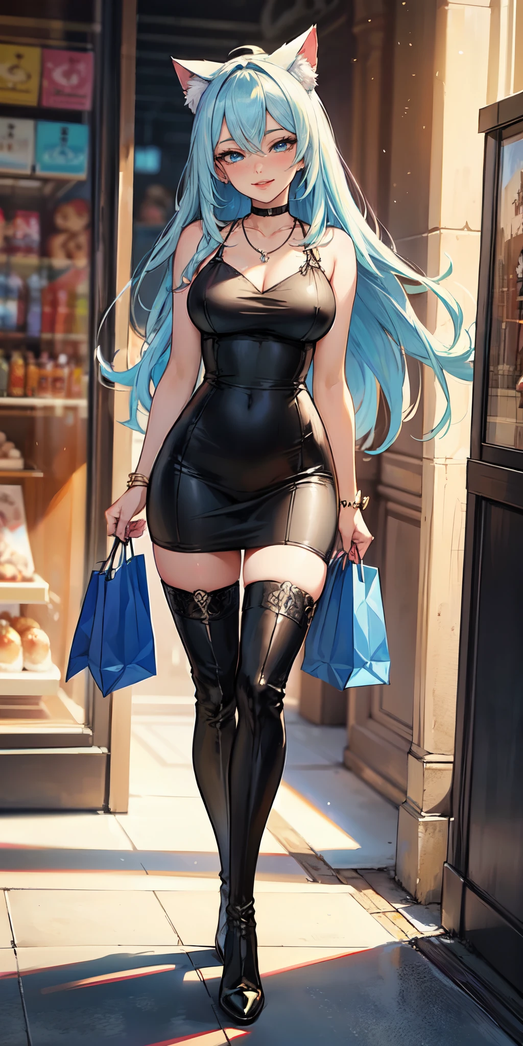 Masterpiece, beautiful art, 8k, art style by sciamano240, very detailed face, detailed hair, detailed clothes, detailed fabric, 1girl, beautiful face, long hair, light blue hair , model head shot, facing camera, very detailed blue cat eyes, sultry smile, wearing classy summer clothes, black dior thigh boots, black pencil skirt, walking , out shopping, necklace, chocker, rosey cheeks, sunny summer setting, full body view,