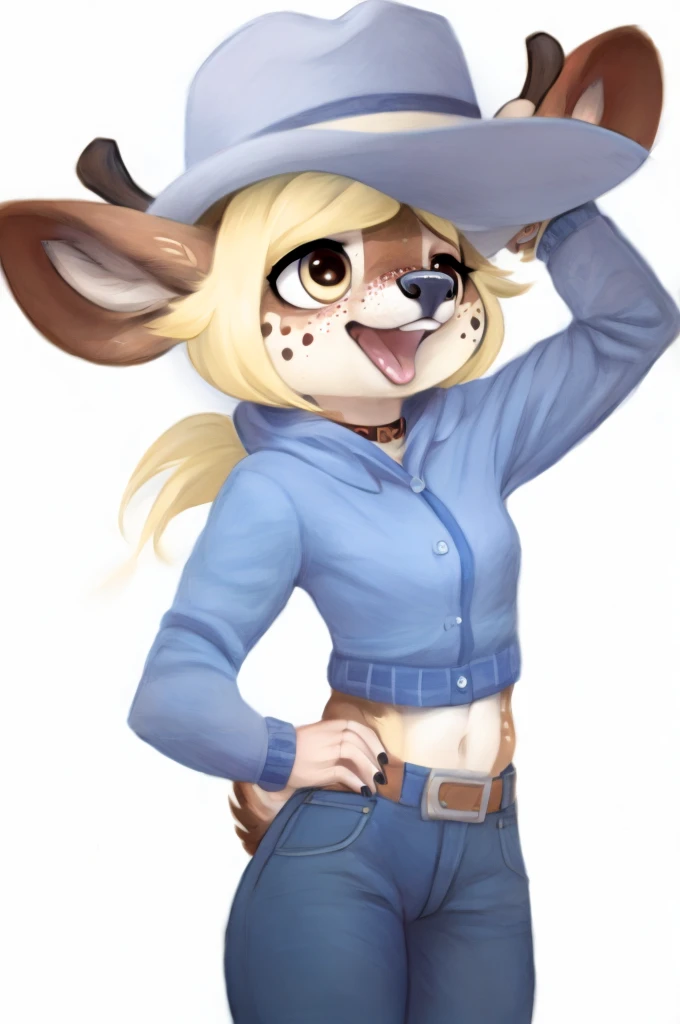 cartoon picture of a deer woman in a cowboy hat and jeans, Facial freckles, fawn, deer, animal crossing, blonde, tied hair, hooves, anthro, FRECKLES, fursona wearing stylish clothes, oc commission, commission for high res, female fursona, female furry mini cute style, fullbody commission for zaush, commission on furaffinity, fursona commission,cartoon picture of a woman with a tattoo on her body, of anthro deer warlock, commission, southern, deer fursona, anthro art, fursona furry art commission, commission on furaffinity, fursona commission, female fursona, an anthro deer, oc commission,cartoon picture, woman with a tattoo on her body, of anthro deer, deer fursona, anthro art, country_clothing, flanel_shirt, deer fursona furry art commission, athletic_deer , deniem, deniem_daisy_dukes, country, hooves female foot_tattoo fur open_sweater notched_hair hip_tattoo leg_tattoo lip_piercing looking_at_viewer looking_back looking_back_at_viewer muscular muscular_anthro neck_tattoo nose_ring nose_peircing solo thick_thighs brown_body chaps clothing cowboy_hat eyelashes hoof fingers, headwear looking_at_viewer outside pattern_clothing flannel solo striped_clothing stripes scut_tail united_states_of_america_tattoo