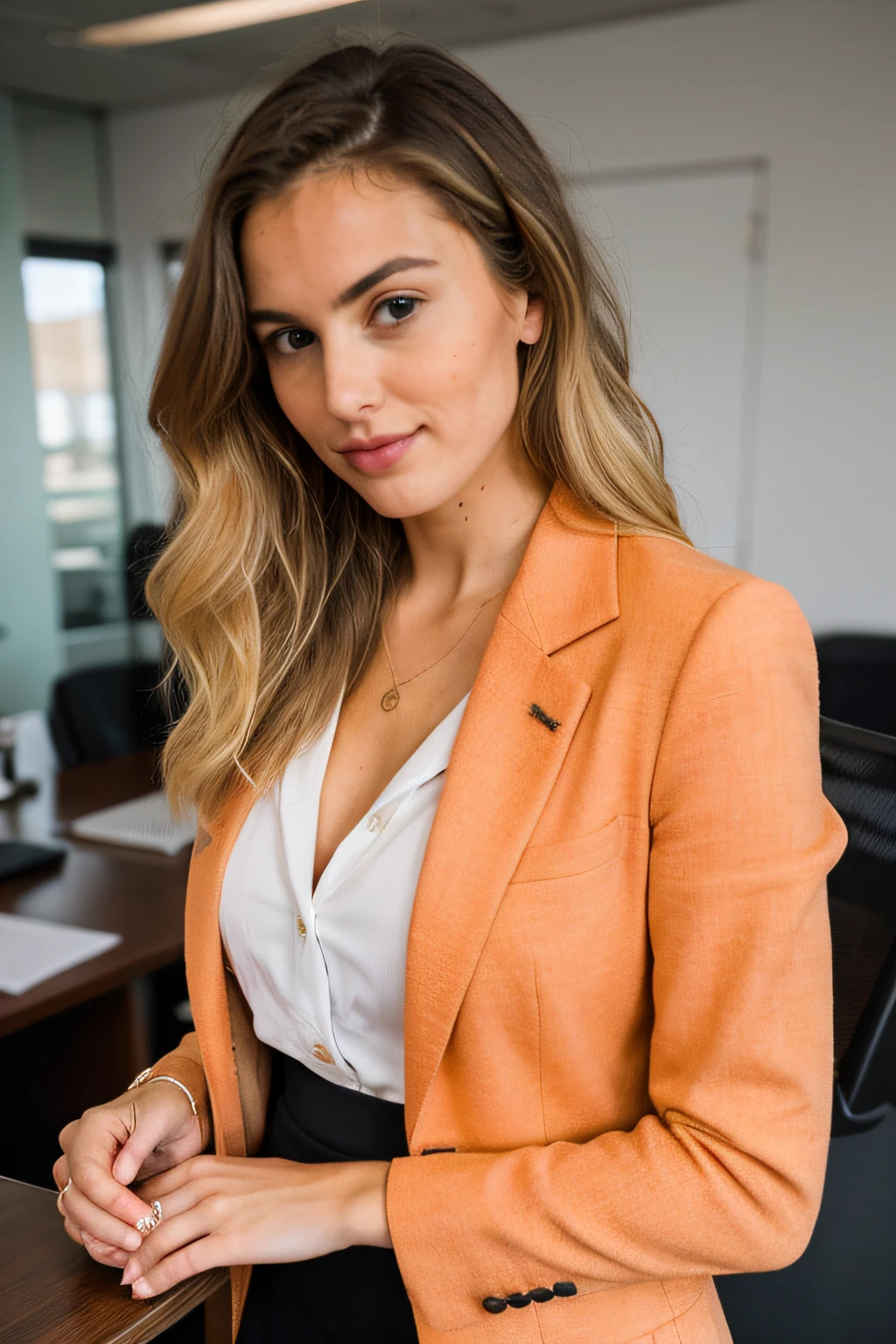 White businesswoman, com sua assinatura solta, cabelos loiros ondulados, exudes sophistication in your modern office. Contudo, the focus is unmistakably on her striking burnt orange blazer, a vibrant and powerful choice that not only complements your style, but also serves as a defining element of your professional attire.
O ousado blazer laranja, a statement piece against your blonde hair, adiciona um toque de cor cativante, tornando-o um ponto focal em seu conjunto. Accurately captured using a DSLR and an 80mm Sigma f2 lens, a fotografia destaca habilmente os detalhes de seu rosto expressivo, Pele radiante, e a textura dela solta, cabelos loiros ondulados. A profundidade de campo aumenta o foco nela, com luz natural iluminando a cena, acentuando tanto o cabelo loiro quanto o marcante tom laranja do blazer.
Confidently positioned with hands on table, ela exala uma atitude equilibrada e determinada, incorporando o sucesso no mundo profissional. The image masterfully captures the elegance, autenticidade, e empoderamento dos brancos, blonde businesswoman, with the bold statement of the vibrant orange blazer taking precedence in her sleek, modern workspace.