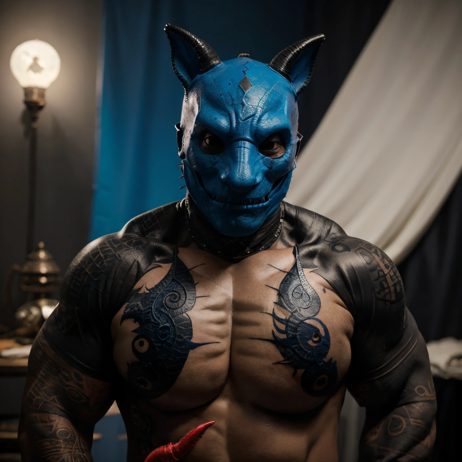 It has a blue horn that looks like a crescent moon. ,has a long tail like a dragon , with a skull covering his face, faceless, with a red tattoo across his chest , has one eye under the cleavage