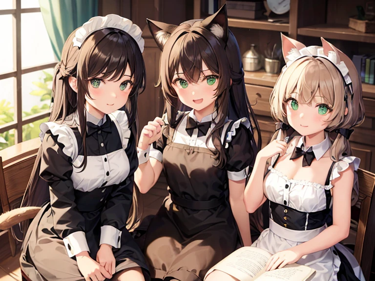 night time. Girl with green eyes and long brown hair. Two short curls lie on her shoulders in front. The main part of the hair is loose and visible . The cat's tail is visible . dressed in a maid's uniform, and wears cat ears as a headdress. Sitting on a chair in the kitchen at the table. There are cake and gifts on the table