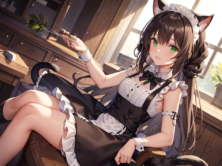 night time. Girl with green eyes and long brown hair. Two short curls lie on her shoulders in front. The main part of the hair is loose and visible from behind. The cat's tail is visible from behind. dressed in a maid's uniform, and wears cat ears as a headdress. Sitting on a chair in the kitchen at the table. There are cake and gifts on the table