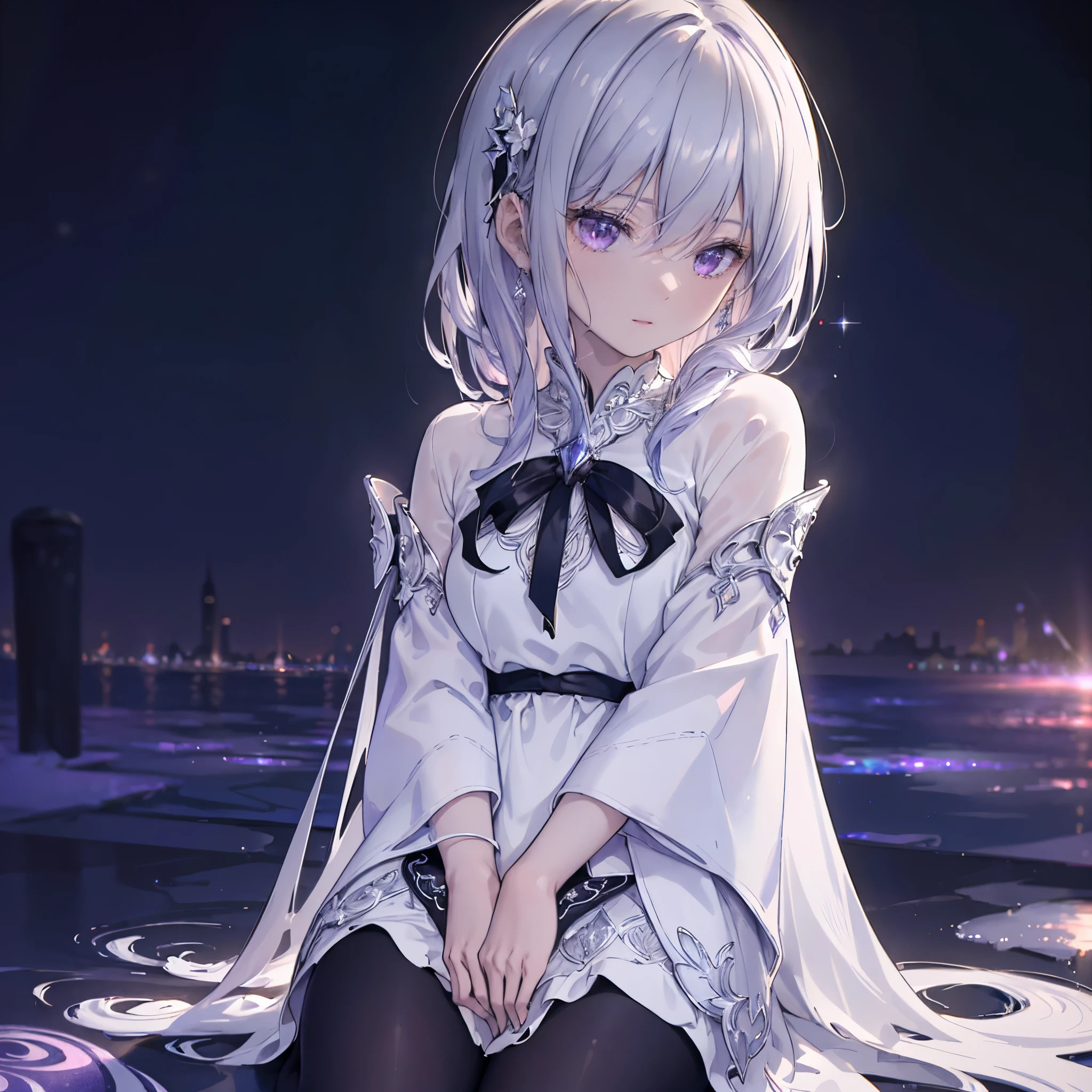 High definition RAW color art, Animation,sculptures, Silver Marble Skin, (((Ultra detailed elegant))), Magical atmosphere, (Detailed skin, Texture (Intricately detailed, Fine detail, ultra-detailliert), crimson moonlight, depth of fields, Bokeh, Silky Touch, (neon street), Hyper Detail, Matte Drawing, sparkle effect, Monochrome background, pastel purple, (muffler), White breath, Profile , sunrise, sitting with head down, Eyes are hidden by hair