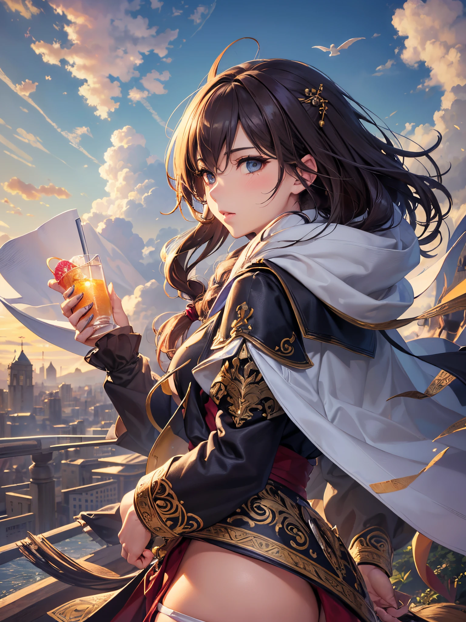 ((Finest quality)),(超A high resolution),(ultra-detailliert),(Meticulous portrayal),((Best Anime)),(Finest works of art),(Ultra-Precision Art),(The art of astounding depiction,Overwhelming depiction:1.5),(Complex and detailed fantasy art:1.6), Fantastical:1.5, (１female traveler:1.6),a cloak that wraps around the body:1.5,Hair disheveled in the wind:1.6, (the wind blowing from behind her:1.7),(Kira Hoshi guides her:1.5)