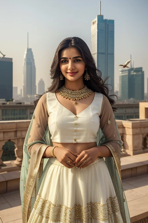 Extremely beautiful 25 year old girl, wearing choli long skirt, (((holding dupatta in her right hand))), (((shy smile))), eyes symmetry, face symmetry, standing in the rooftop, (background:1.6 skyscrapers, morning sky, birds), UHD, 16K, masterpiece, high quality, cinematic effects, zeta pixel