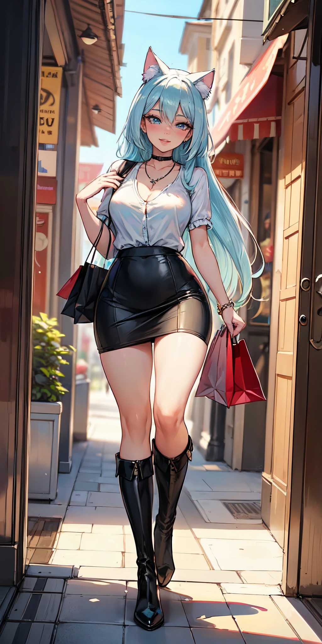 Masterpiece, beautiful art, 8k, art style by sciamano240, very detailed face, detailed hair, detailed clothes, detailed fabric, 1girl, beautiful face, long hair, light blue hair , model head shot, facing camera, very detailed blue cat eyes, sultry smile, wearing classy summer clothes, black dior knee boots, black pencil skirt, walking , out shopping, necklace, chocker, rosey cheeks, sunny summer setting, full body rear view,