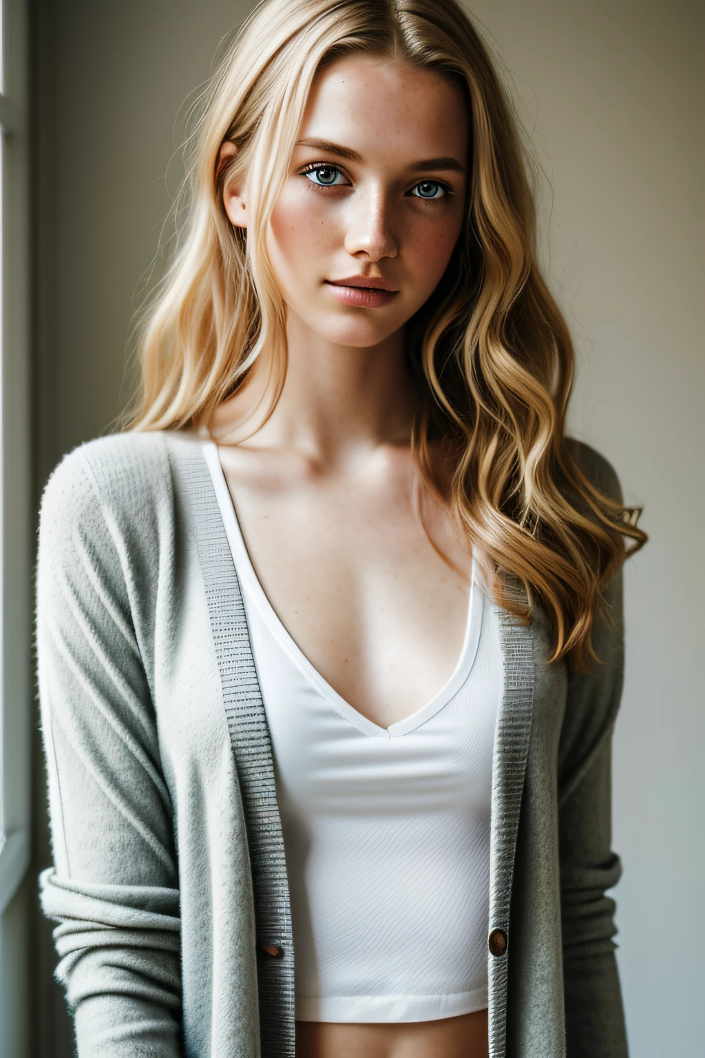 1girl in, 19, Solo, Aesthetic artwork, irish, wavy strawberry blonde hair, shoulder length hair, gray eyes, light grey eyes, some small freckles, pale skin, runners body, (textured skin, skin pores:1.1), goosebumps, wearing a cardigan without anything underneath, open cardigan showing breasts, posing, sexy pose, long legs, (detailed 8K wallpaper), soft lighting, high quality, film grain, Fujifilm XT3 sharp focus, f 5.6, 50mm, High Detail, Sharp focus,(natural light), crazy details, complex details, hyperdetailed, skinny, naked