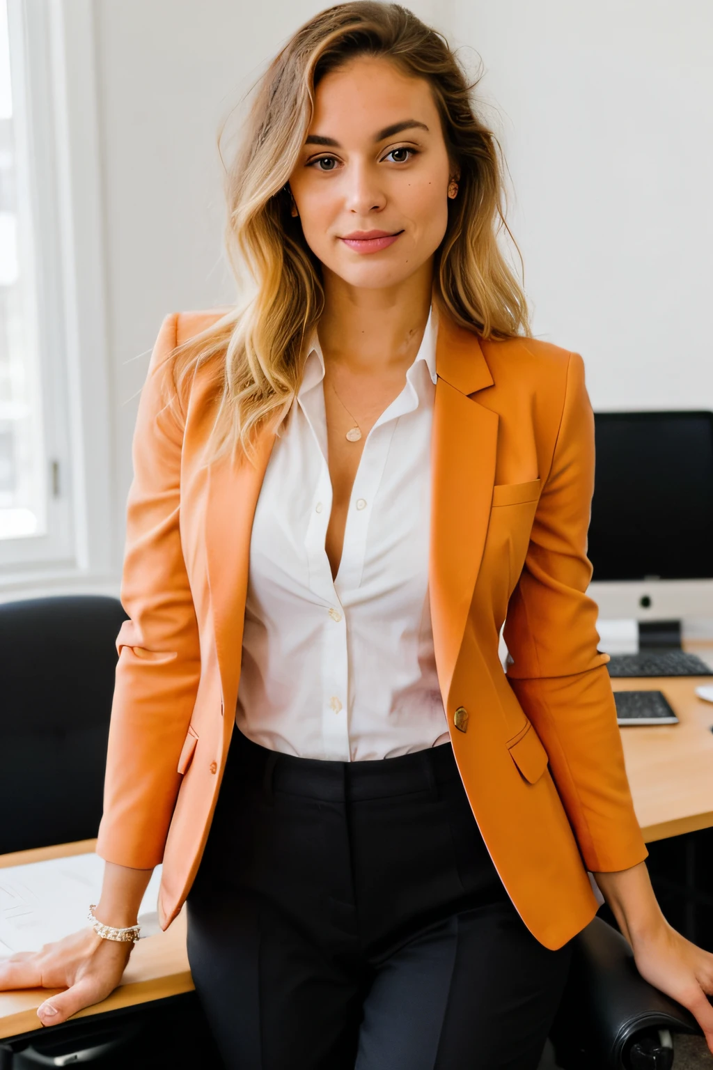 White businesswoman, com sua assinatura solta, cabelos loiros ondulados, exudes sophistication in your modern office. Contudo, the focus is unmistakably on her striking burnt orange blazer, a vibrant and powerful choice that not only complements your style, but also serves as a defining element of your professional attire.

O ousado blazer laranja, a statement piece against your blonde hair, adiciona um toque de cor cativante, tornando-o um ponto focal em seu conjunto. Accurately captured using a DSLR and an 80mm Sigma f2 lens, a fotografia destaca habilmente os detalhes de seu rosto expressivo, Pele radiante, e a textura dela solta, cabelos loiros ondulados. A profundidade de campo aumenta o foco nela, com luz natural iluminando a cena, acentuando tanto o cabelo loiro quanto o marcante tom laranja do blazer.

Confidently positioned with hands on table, ela exala uma atitude equilibrada e determinada, incorporando o sucesso no mundo profissional. The image masterfully captures the elegance, autenticidade, e empoderamento dos brancos, blonde businesswoman, with the bold statement of the vibrant orange blazer taking precedence in her sleek, modern workspace.